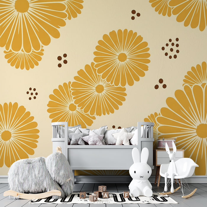 Papier peint chambre bébé | Fleurs stylisées jaunes sur fond crème