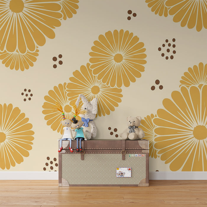Papier peint chambre bébé | Fleurs stylisées jaunes sur fond crème