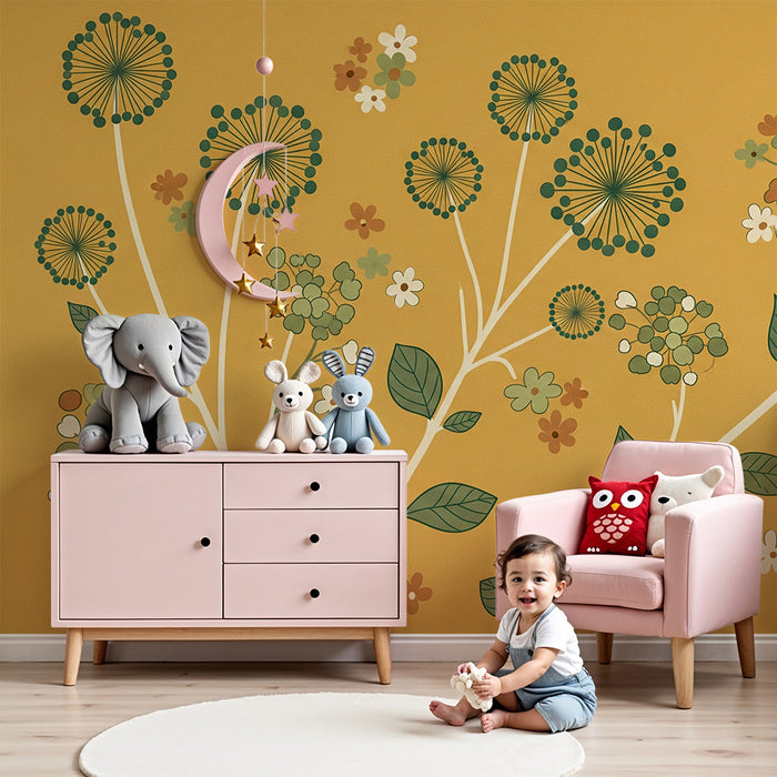 Papel de parede para quarto de bebé | Flores estilizadas sobre fundo amarelo mostarda