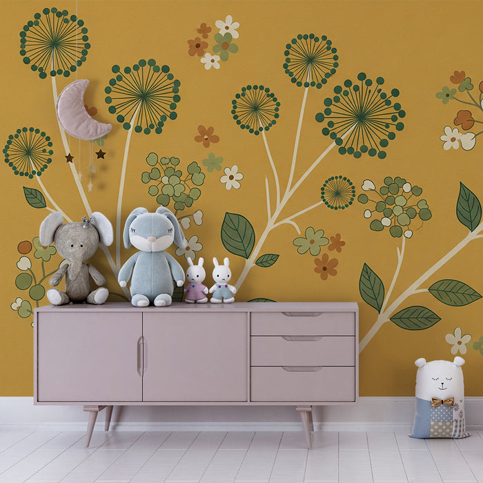 Papel de parede para quarto de bebé | Flores estilizadas sobre fundo amarelo mostarda