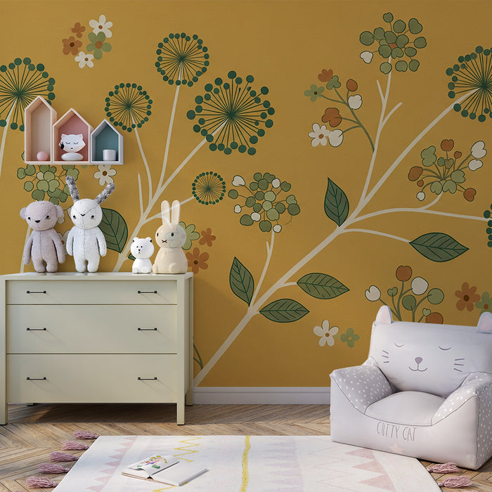 Papel de parede para quarto de bebé | Flores estilizadas sobre fundo amarelo mostarda