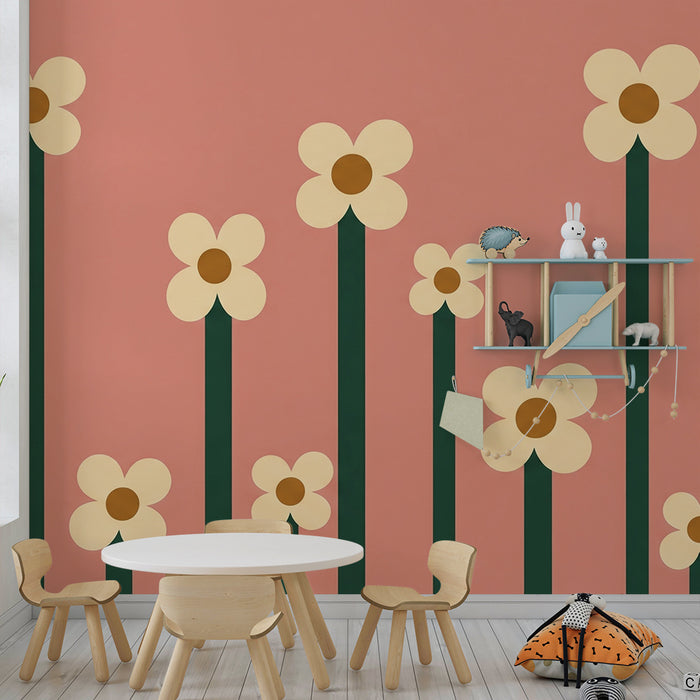 Papier peint chambre bébé | Fleurs stylisées sur fond rose