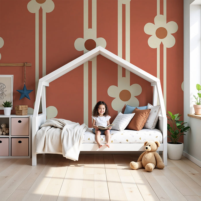 Papier peint chambre bébé | Fleurs stylisées sur fond terracotta
