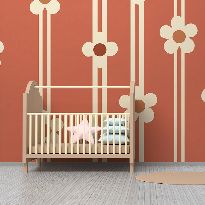 Papier peint chambre bébé | Fleurs stylisées sur fond terracotta