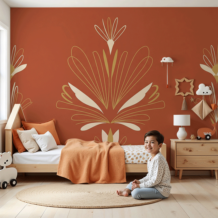 Babyzimmer Tapete | Stilisierte Blumen auf terrakottafarbenem Hintergrund