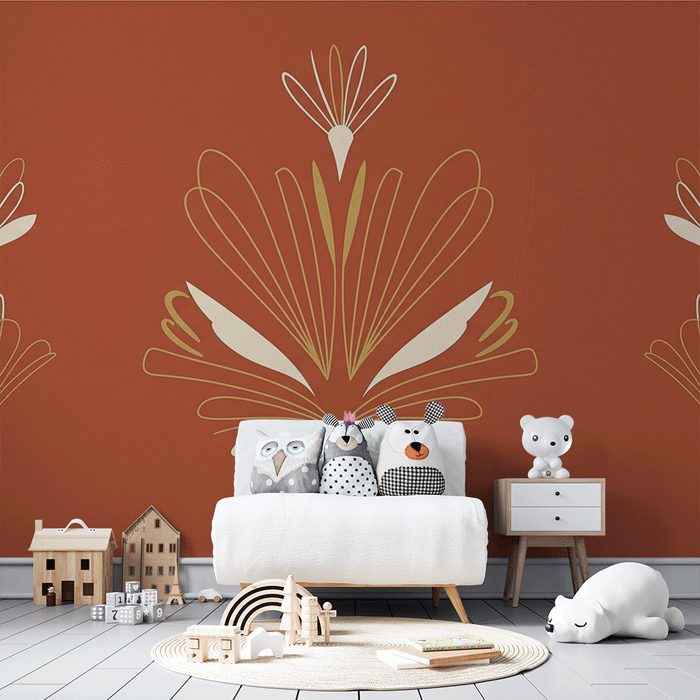 Babyzimmer Tapete | Stilisierte Blumen auf terrakottafarbenem Hintergrund
