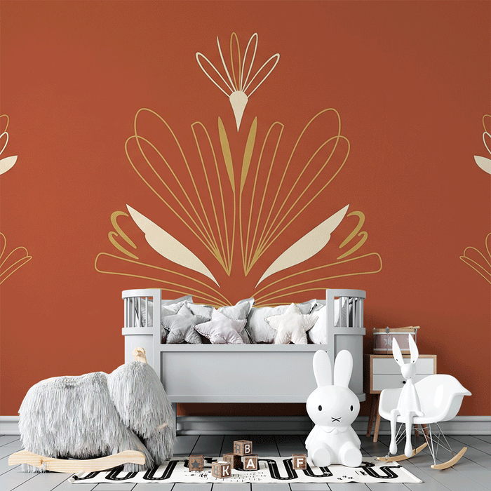 Babyzimmer Tapete | Stilisierte Blumen auf terrakottafarbenem Hintergrund