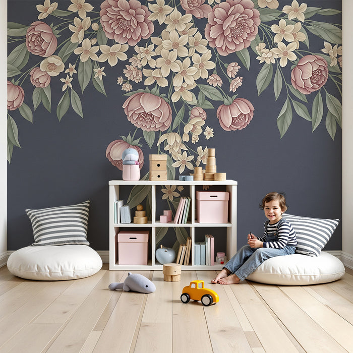 Papel de perete cameră bebeluși | Flori pe fundal albastru închis
