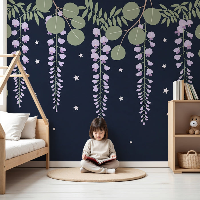 Carta da parati bambini | Fiori appesi e stelle