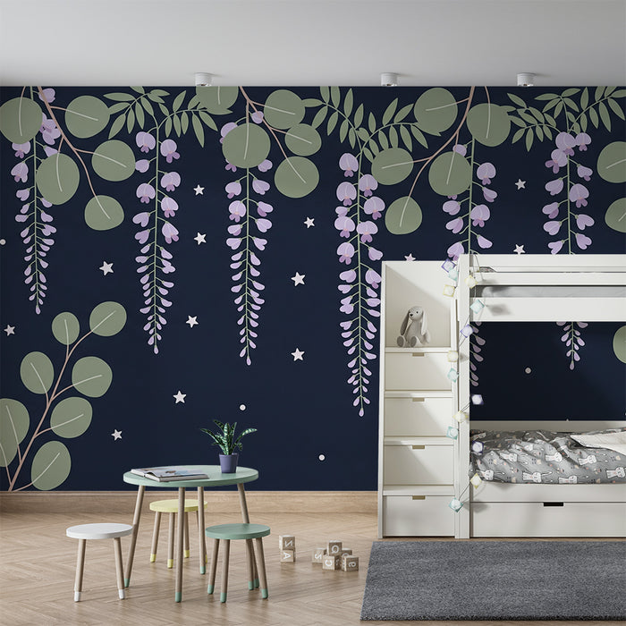 Carta da parati bambini | Fiori appesi e stelle