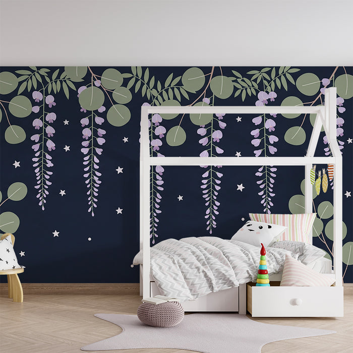 Carta da parati bambini | Fiori appesi e stelle