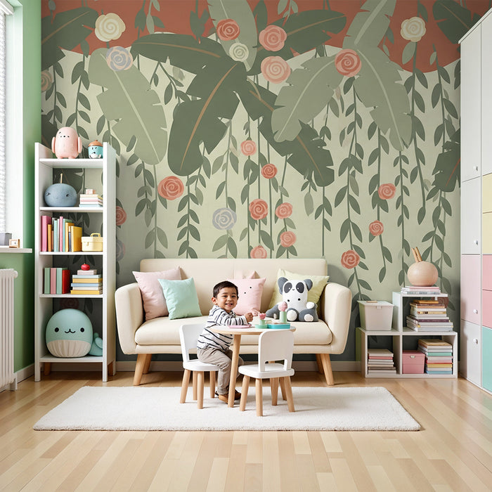 Nursery room wallpaper | Hanging flowers and tropical foliage