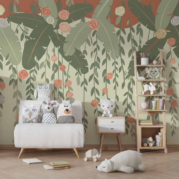 Nursery room wallpaper | Hanging flowers and tropical foliage