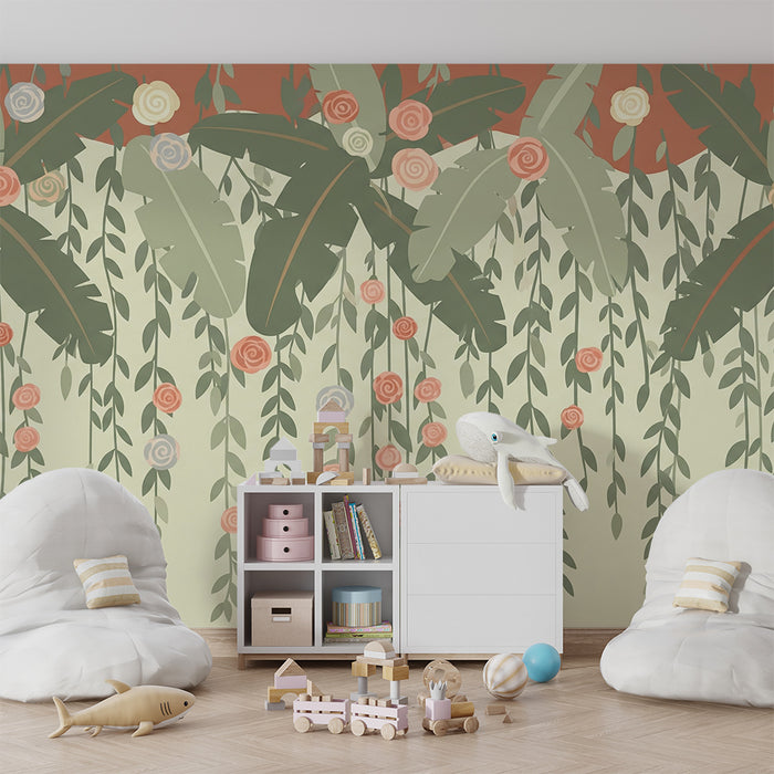 Nursery room wallpaper | Hanging flowers and tropical foliage