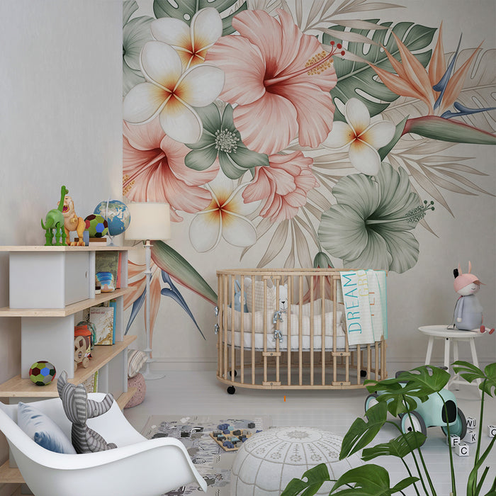 Papel de parede quarto bebê | Flores tropicais delicadas em fundo suave