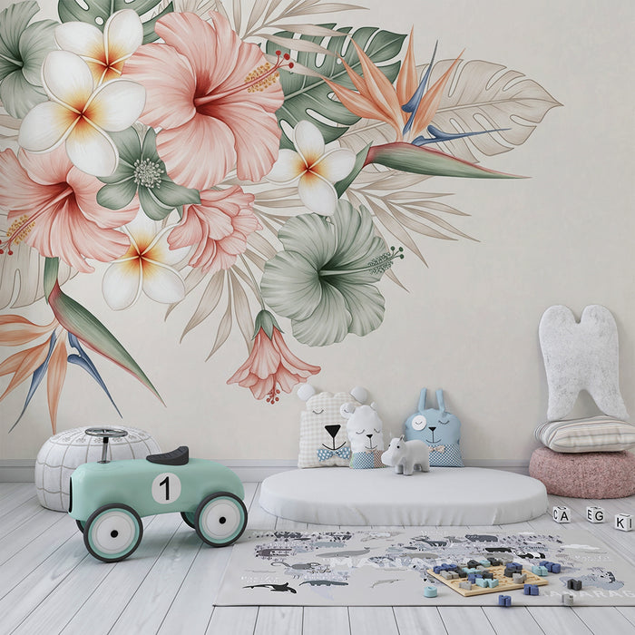 Papel de parede quarto bebê | Flores tropicais delicadas em fundo suave