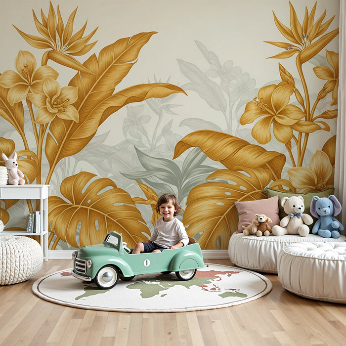 Papier peint chambre bébé | Fleurs tropicales dorées et feuillage luxuriant