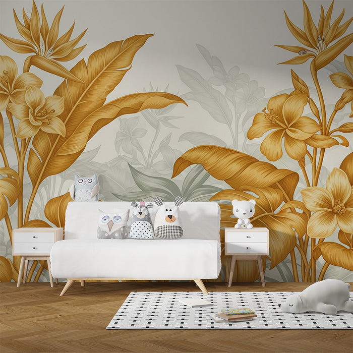 Papier peint chambre bébé | Fleurs tropicales dorées et feuillage luxuriant