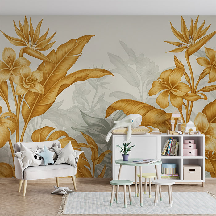 Papier peint chambre bébé | Fleurs tropicales dorées et feuillage luxuriant