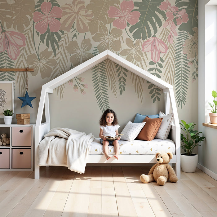 Carta da parati bambini | Fiori tropicali e fogliame delicato