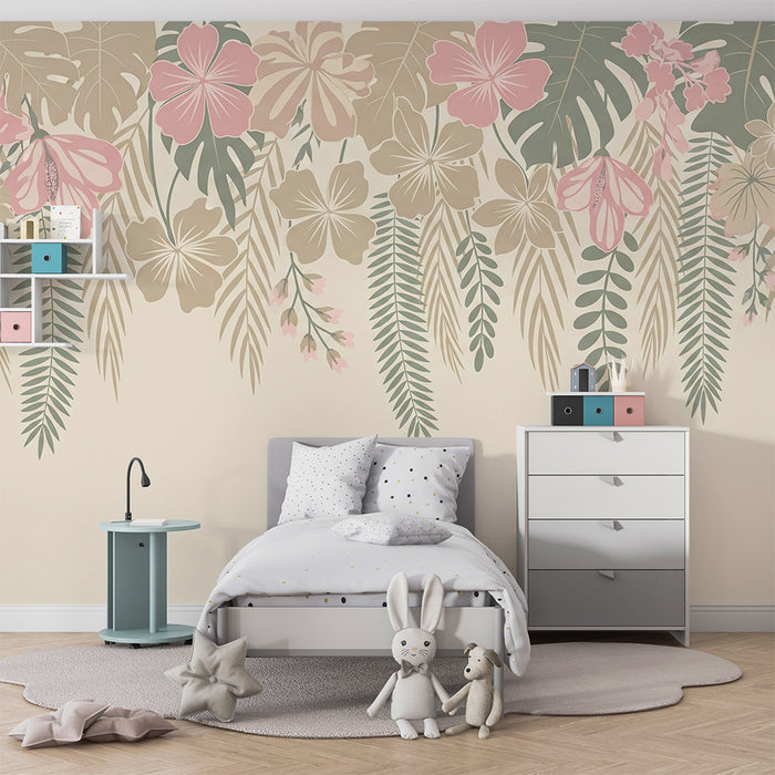 Carta da parati bambini | Fiori tropicali e fogliame delicato