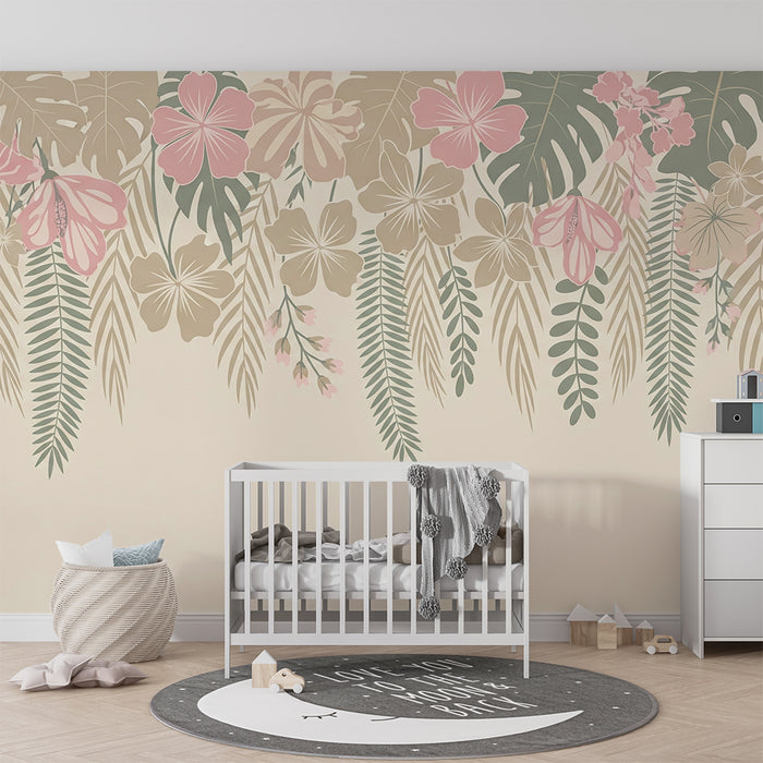 Carta da parati bambini | Fiori tropicali e fogliame delicato