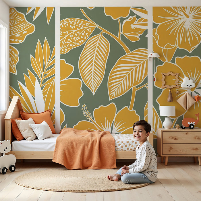 Papier peint chambre bébé | Fleurs tropicales et feuillage en jaune sur fond vert