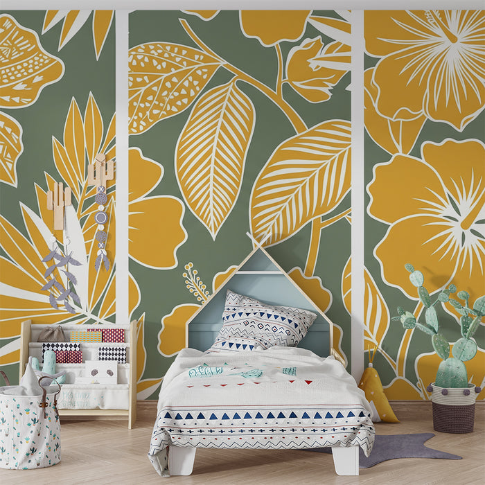 Papier peint chambre bébé | Fleurs tropicales et feuillage en jaune sur fond vert