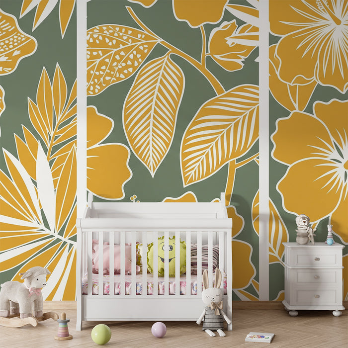 Papier peint chambre bébé | Fleurs tropicales et feuillage en jaune sur fond vert