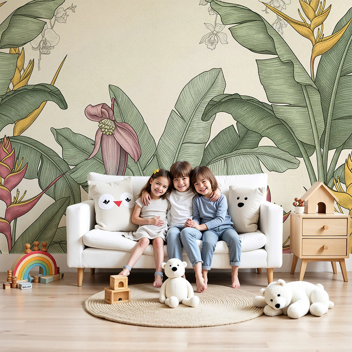 Barntapet | Tropiska blommor och frodig lövverk