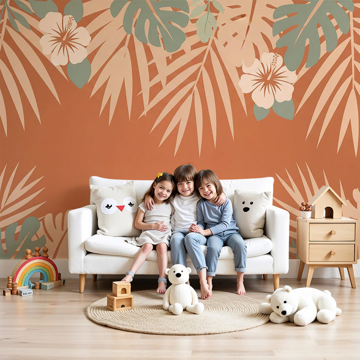 Nursery room wallpaper | Tropical flowers and lush foliage