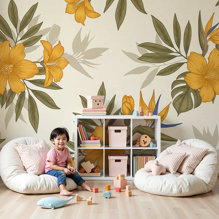 Papier peint chambre bébé | Fleurs tropicales jaunes et feuillage luxuriant