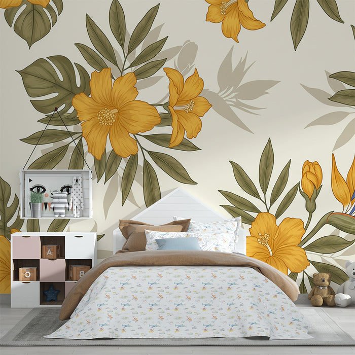 Papier peint chambre bébé | Fleurs tropicales jaunes et feuillage luxuriant