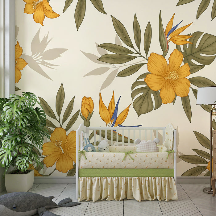 Papier peint chambre bébé | Fleurs tropicales jaunes et feuillage luxuriant