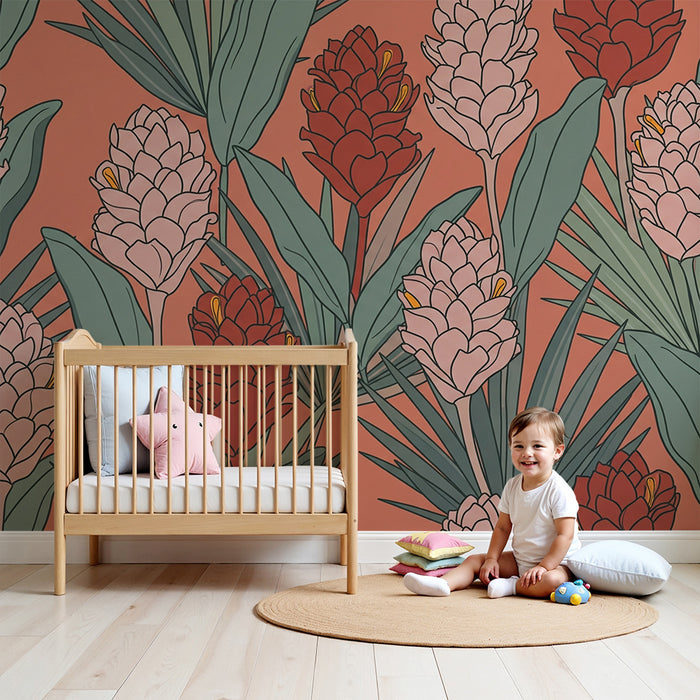 Papier peint chambre bébé | Fleurs tropicales sur fond corail avec feuillage luxuriant