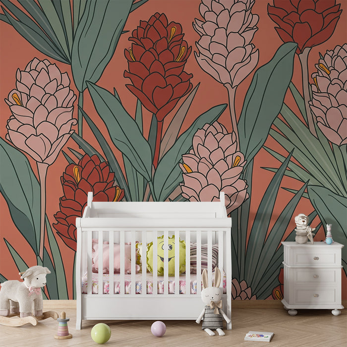 Papier peint chambre bébé | Fleurs tropicales sur fond corail avec feuillage luxuriant