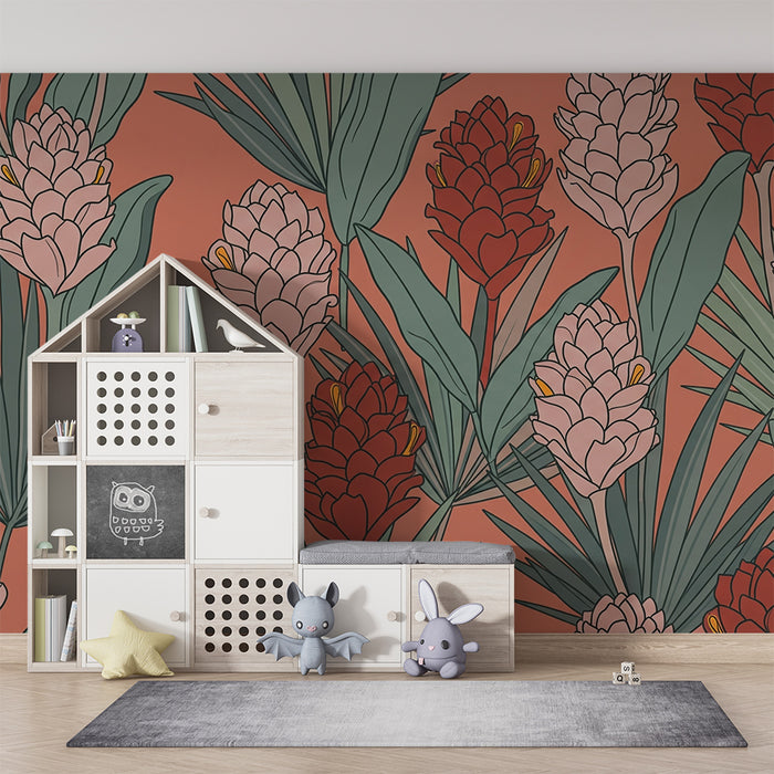 Papier peint chambre bébé | Fleurs tropicales sur fond corail avec feuillage luxuriant