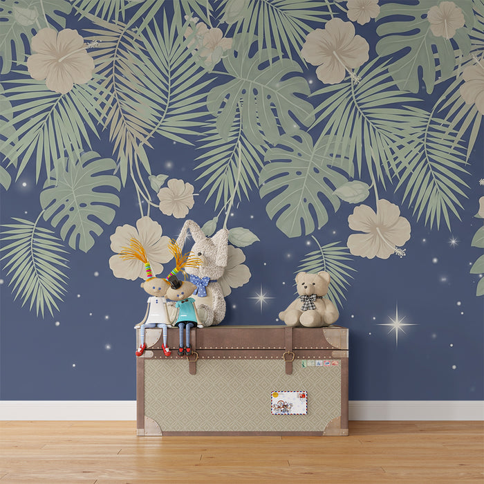 Barntapet | Fallande tropiska blommor på nattblå bakgrund