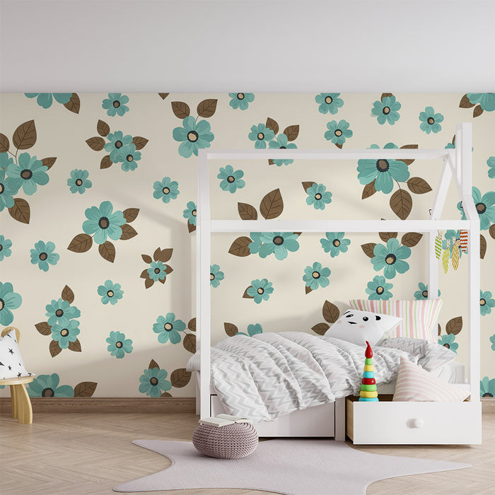 Tapet cameră bebeluși | Flori delicate turcoaz pe fundal crem