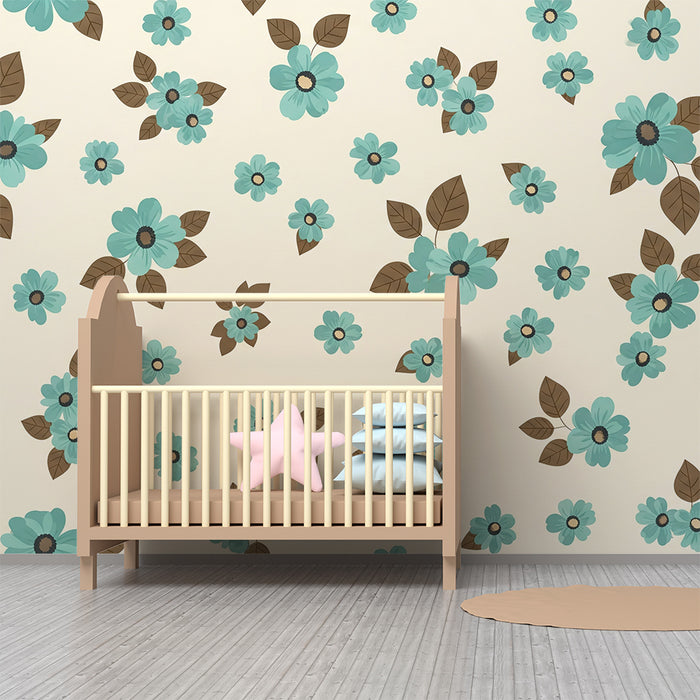 Tapet cameră bebeluși | Flori delicate turcoaz pe fundal crem