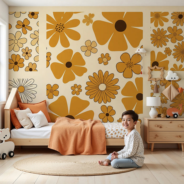 Carta da parati per cameretta baby | Fiori vintage in giallo e beige per un'atmosfera morbida