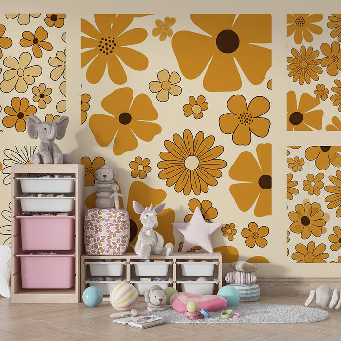 Carta da parati per cameretta baby | Fiori vintage in giallo e beige per un'atmosfera morbida