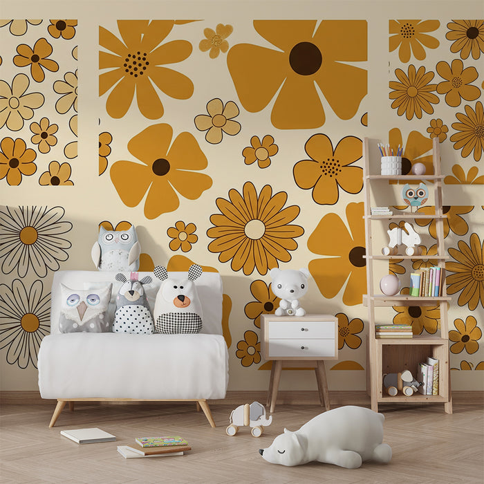 Carta da parati per cameretta baby | Fiori vintage in giallo e beige per un'atmosfera morbida