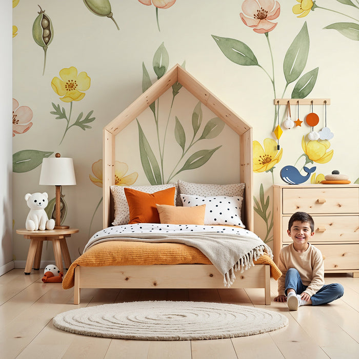 Barntapet | Blommor och löv på krämig bakgrund