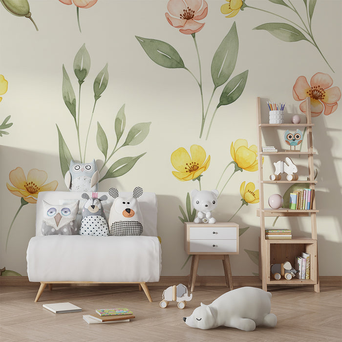 Barntapet | Blommor och löv på krämig bakgrund