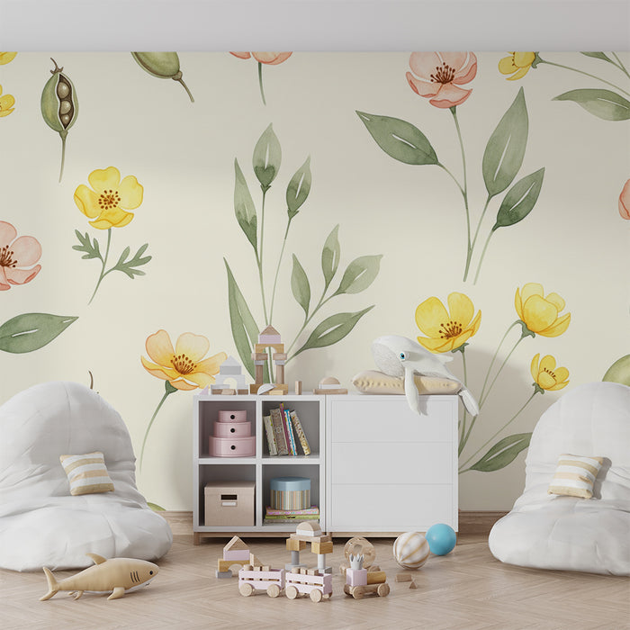 Barntapet | Blommor och löv på krämig bakgrund