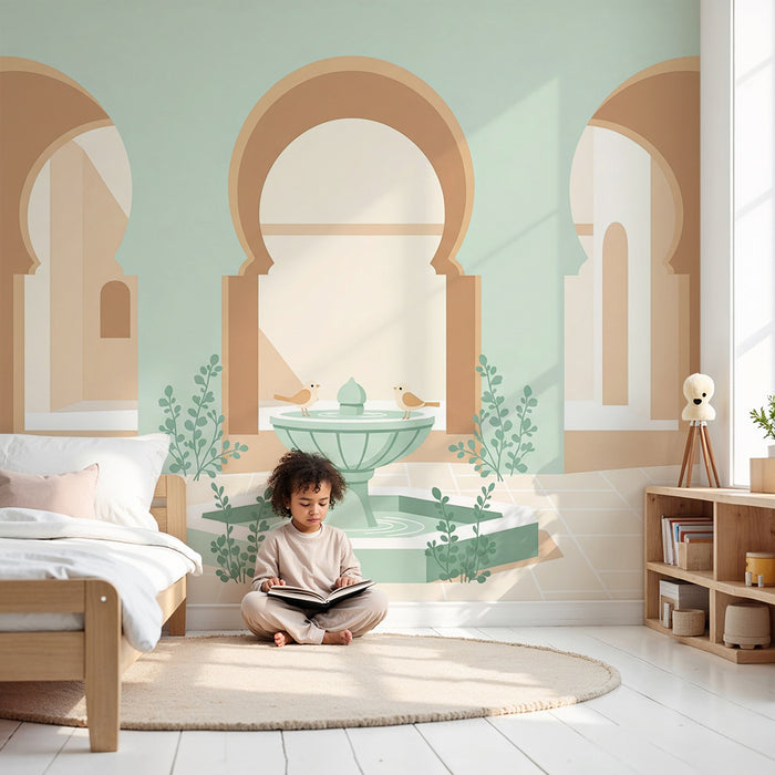 Papier peint chambre bébé | Fontaine et arches dans un décor apaisant