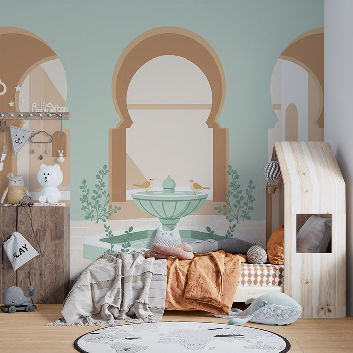 Papier peint chambre bébé | Fontaine et arches dans un décor apaisant