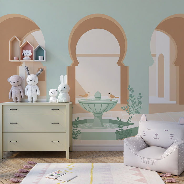 Papier peint chambre bébé | Fontaine et arches dans un décor apaisant