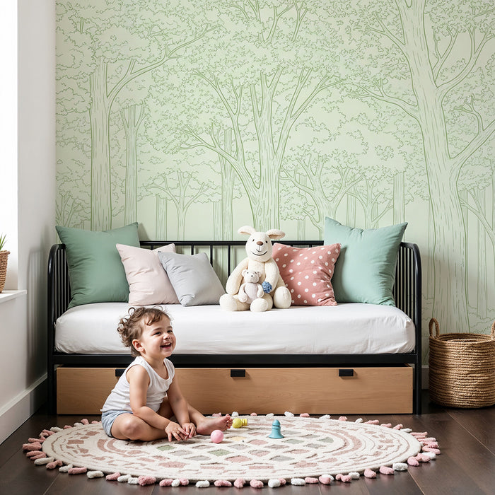 Papier peint chambre bébé | Forêt apaisante avec arbres délicats